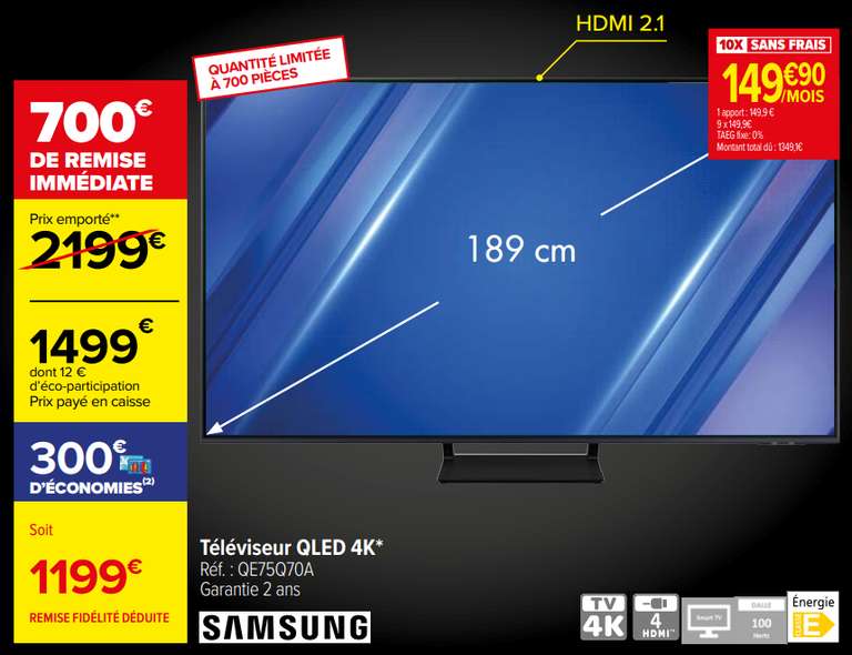 TV 75" Samsung QE75Q70A - QLED 4K, 100Hz, 4 HDMI (via 300€ sur la Carte de Fidélité)