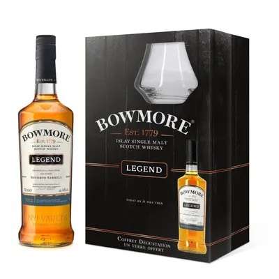 Coffret bouteille de whisky Bowmore Legend Islay Single Malt (70 cl) + 1 verre