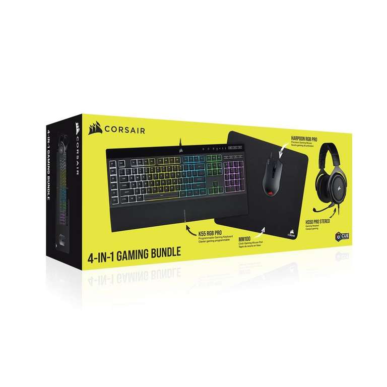 Pack de 4 accessoires Corsair: Casque audio HS50 Pro + clavier K55 RGB Pro + souris Harpoon RGB Pro + tapis de souris MM100
