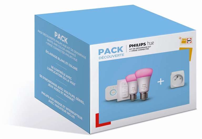 Kit de démarrage Philips Hue - 2 ampoules LED E27 White and Color Ambiance + interrupteur Switch + pont de connexion + prise connectée