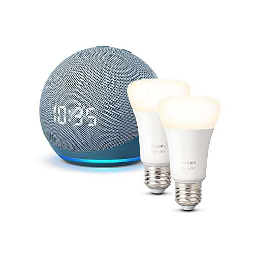 Assistant vocal Amazon Echo Dot 4 + 2 Ampoules connectées Philips Hue White 75W E2 offertes