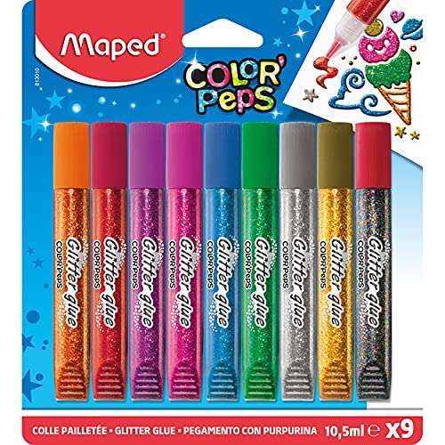Lot de 9 Tubes de colle Pailletées Maped Color'Peps pour Enfant - Effet Brillant, 9x 10.5 ml