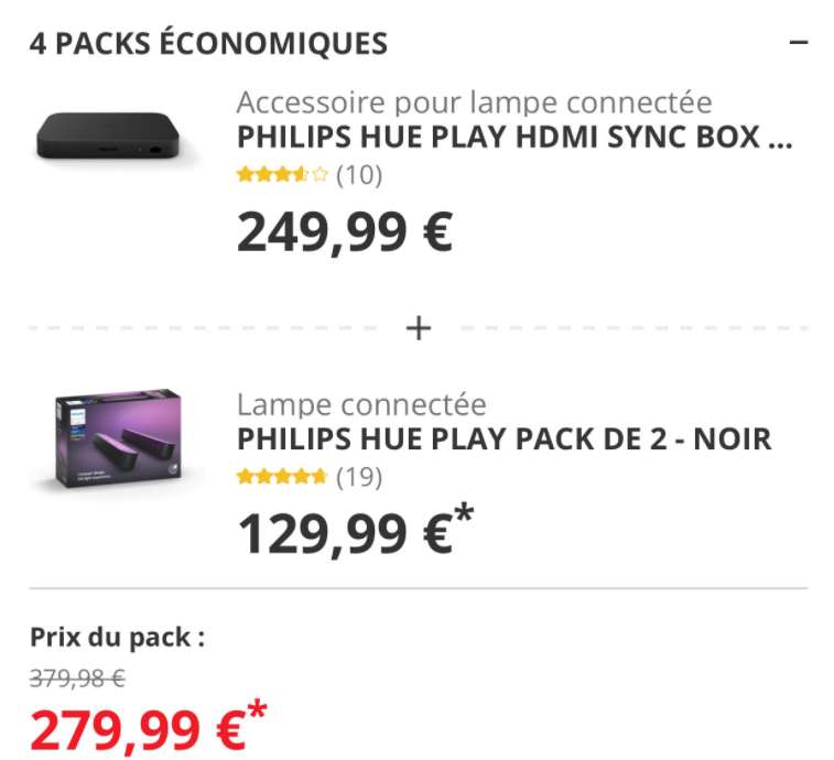 Boîtier de synchronisation Philips Hue Play HDMI Sync Box + Philips Hue Play en pack de 2