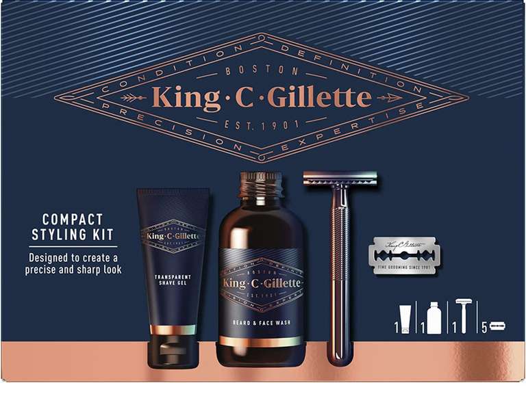 Coffret Cadeau pour Homme King C Gillette Styling - Nettoyant 60ml + Gel Mini 30ml + 1 Rasoir + 5 Lames