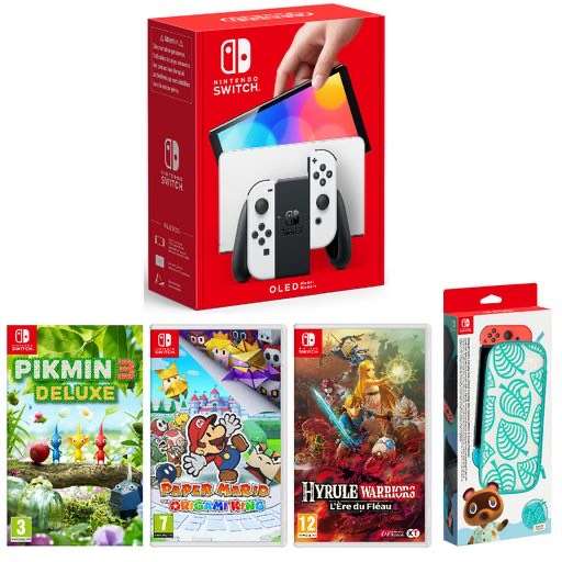 Console Nintendo Switch OLED + Pikmin 3 Deluxe + Paper Mario + Hyrule Warriors + Pochette de transport + Protection écran Animal Crossing