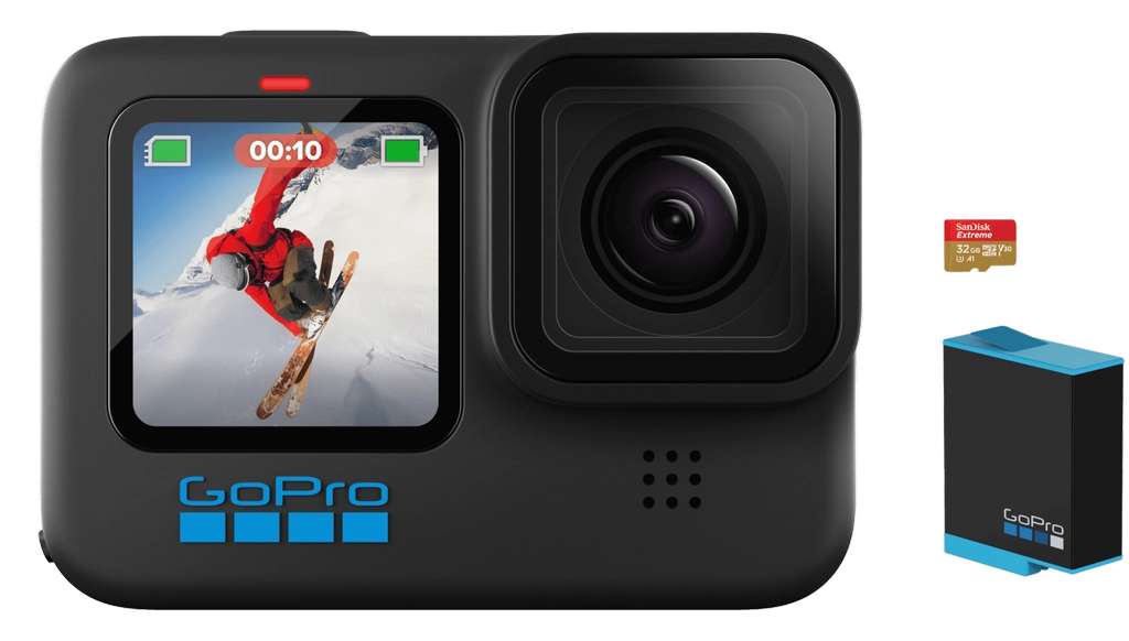 Pack caméra sportive GoPro Hero10 Black + abonnement d'un an GoPro + carte microSDXC SanDisk Extreme (32 Go)