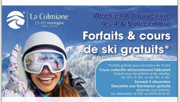 Forfaits gratuits pour les moins de 12 ans & Cours collectifs de ski/snowboard débutant gratuits pour tous - Pure Montagne La Colmiane (06)