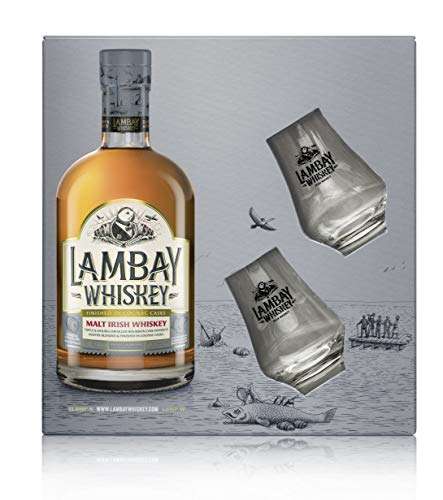 Coffret bouteille de whiskey Lambay Whiskey + 2 verres