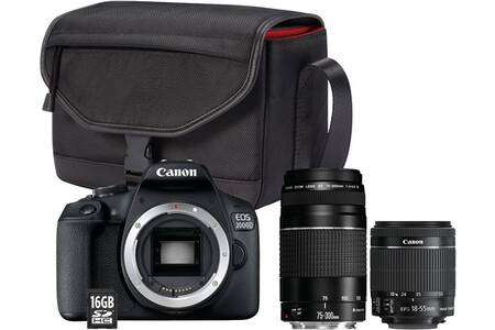 Kit Appareil Photo Canon EOS 2000D+EF-S 18-55 IS II + Objectif EF 75-300 F/4-5,6 III + Sac + Carte mémoire SD 16 Go (+60€ en carte cadeau)