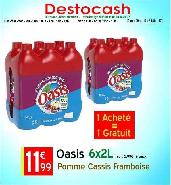 Promotion sur les boissons - Ex: 2 packs de bouteilles Oasis Pomme Cassis Framboise (6×2L) - Destockash Maubeuge (59)