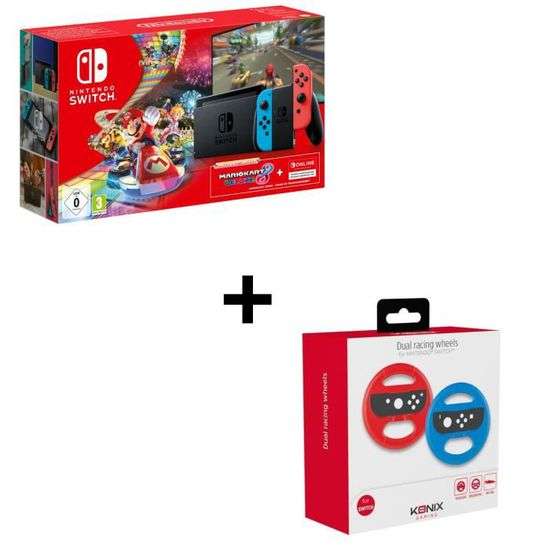 Pack console Nintendo Switch Néon + Mario Kart 8 Deluxe + 3 mois Nintendo Switch Online + 2 Volants Konix