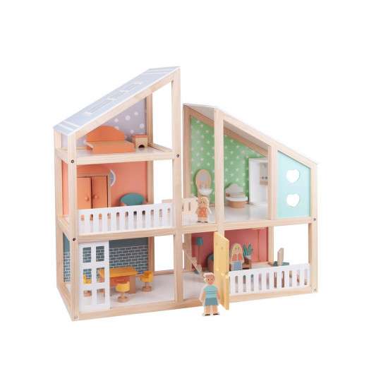 Maison de poupées en bois Carrefour Wooden - 19 accessoires, Hauteur 71cm, Bois certifié FSC (via 24,95€ sur la carte)
