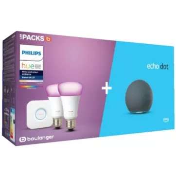Pack de démarrage Philips Hue - 2 ampoules White & Colors + Pont + Assistant vocal Amazon Echo Dot 4 (84.99€ avec RAKUTEN15)