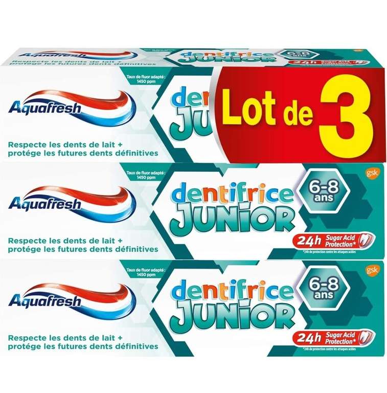 Lot de 3 tubes de dentifrice Aquafresh Junior - goût menthe douce, 3x75ml (via abonnement)