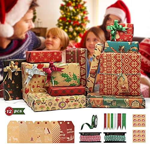 12 Rouleaux de papier cadeau + Accessoires dont 1 Ruban, 2 Rouleaux de coton, Stickers (Vendeur Tiers)