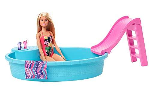 Poupée Barbie en maillot de bain - avec piscine, serviette et toboggan (GHL91)