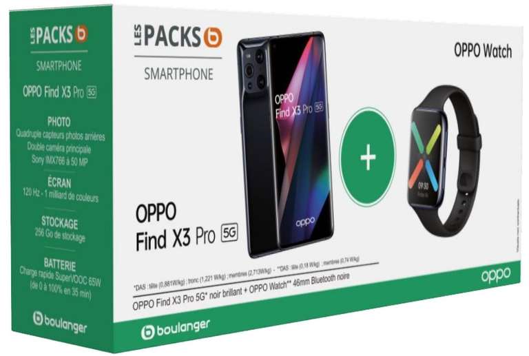 Smartphone 6.7" Oppo Find X3 Pro 5G (WQHD+, SD 888, 12 Go RAM, 256 Go) + Montre connectée Oppo Watch (46mm)