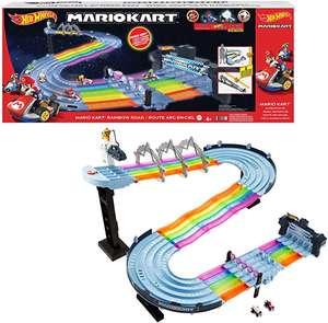 Circuit Hot Wheels Mario Kart Route Arc-en-ciel - avec effets sons & lumières + 2 petites-voitures karts, 2.4 m de long