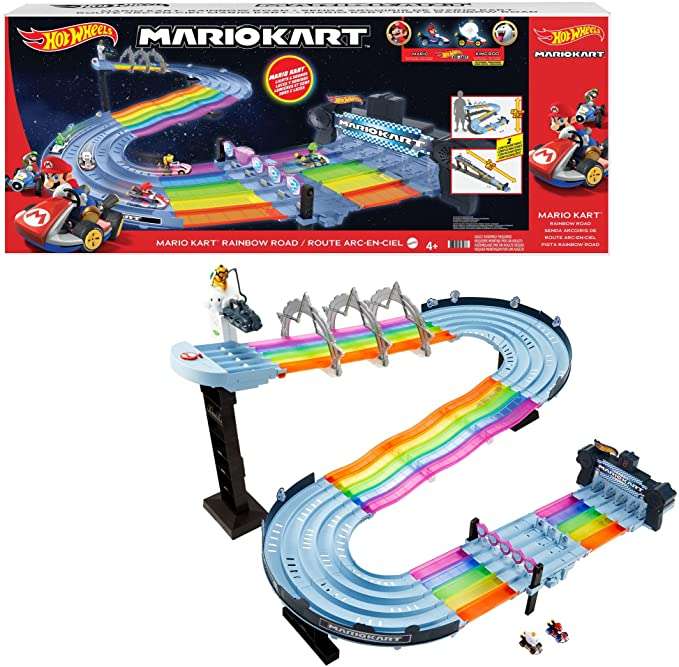 Circuit Hot Wheels Mario Kart Route Arc-en-ciel - avec effets sons & lumières + 2 petites-voitures karts, 2.4 m de long
