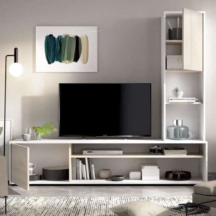 Meuble tv 2 portes + Colonne réversible Essen - Décor chêne et blanc, L 181 x P 41,5 x H 161
