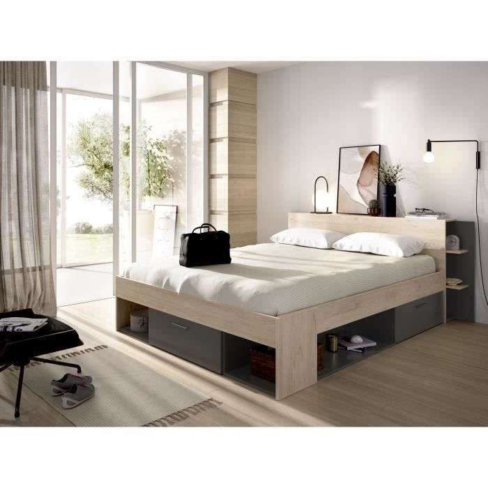 Sélection de meubles en promotion - Ex : Lit adulte 160 × 200 cm, 3 tiroirs + tête de lit avec rangement - Chêne et anthracite