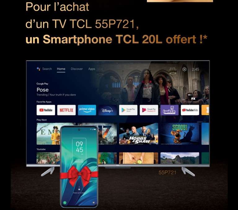 TV LED 55" TCL 55P721 - 4K UHD, Android TV + Smartphone TCL 20L Offert (via Formulaire)