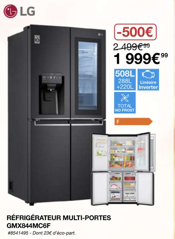 [Carte Costco] Réfrigérateur Américain multi portes LG GMX844MC6F - 508L (Pontault-Combault 77)