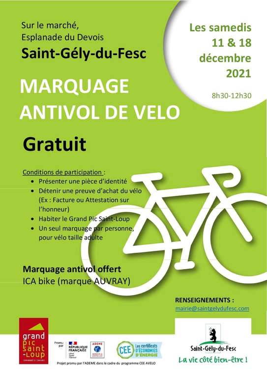 [Résident] Marquage antivol vélo gratuit - Saint-Gély-du-Fesc (34)