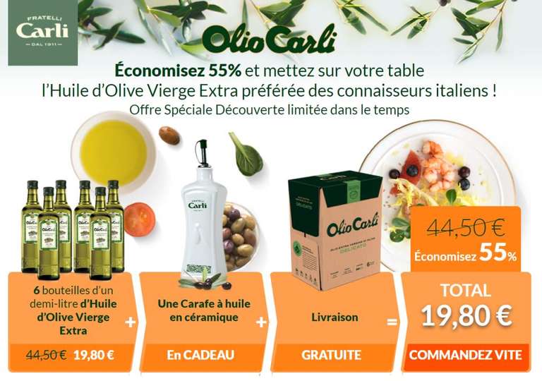 6 Bouteilles d'huile d'olive vierge Extra + carafe à huile (oliocarli.fr)