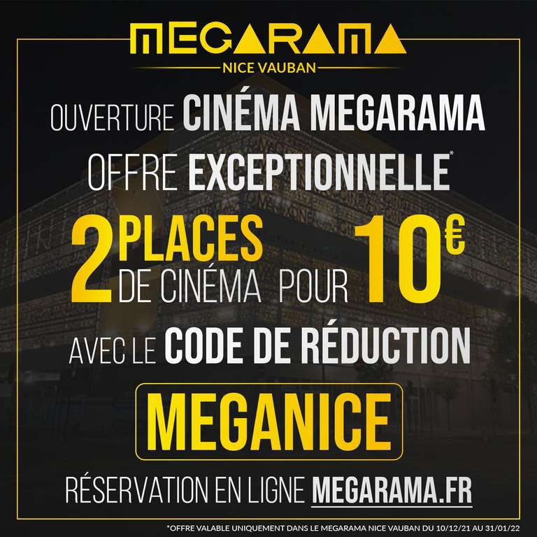 2 places de cinéma pour 10€ - Megarama Nice (06)
