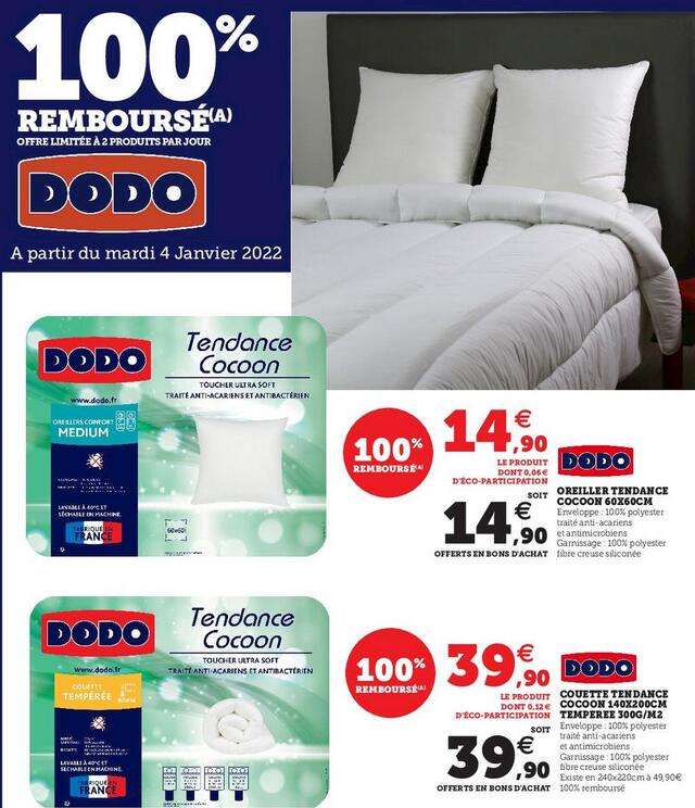 Couette Dodo Tendance Cocoon (140x200 ou 240x220 cm) ou oreiller Dodo Tendance Cocoon (60x60 cm) gratuits - 100% remboursés en bon d'achat