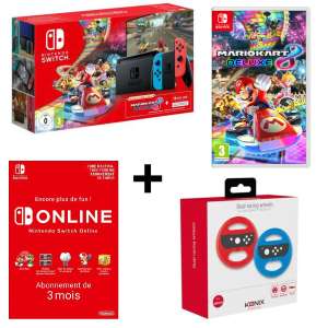Pack console Nintendo Switch V2 Néon + 2 Volants Konix + Mario Kart 8 Deluxe + 3 mois Nintendo Switch Online