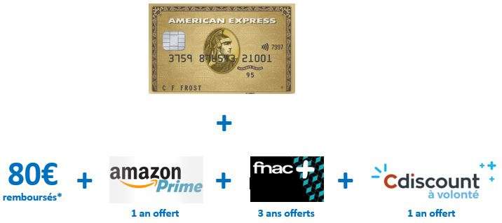 [Si 800€ dépensés les 3 premiers Mois] Carte Gold offerte pendant 1 an + 80€ + 1 an Amazon Prime + 3 ans Fnac+ (AmericanExpress.com)