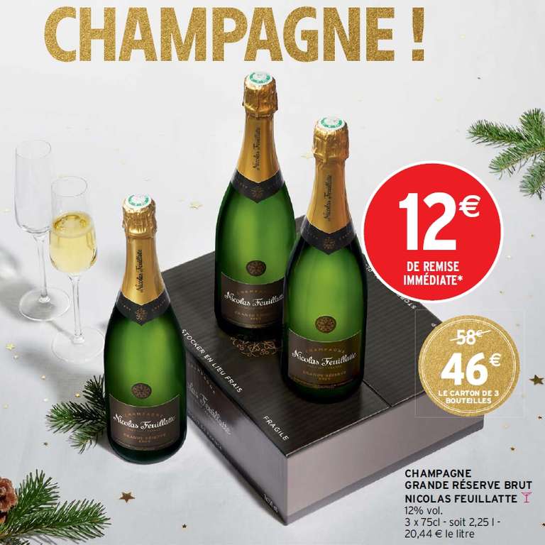 Lot de 3 bouteilles de champagne brut Nicolas Feuillatte Grande Réserve AOP - 3x75 cl