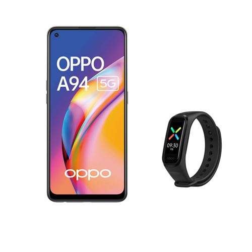Pack smartphone 6.43" Oppo A94 5G (full HD+ AMOLED 60 Hz, Dimensity 800U, 8 Go de RAM, 128 Go, noir) + bracelet connecté Oppo Band Sport