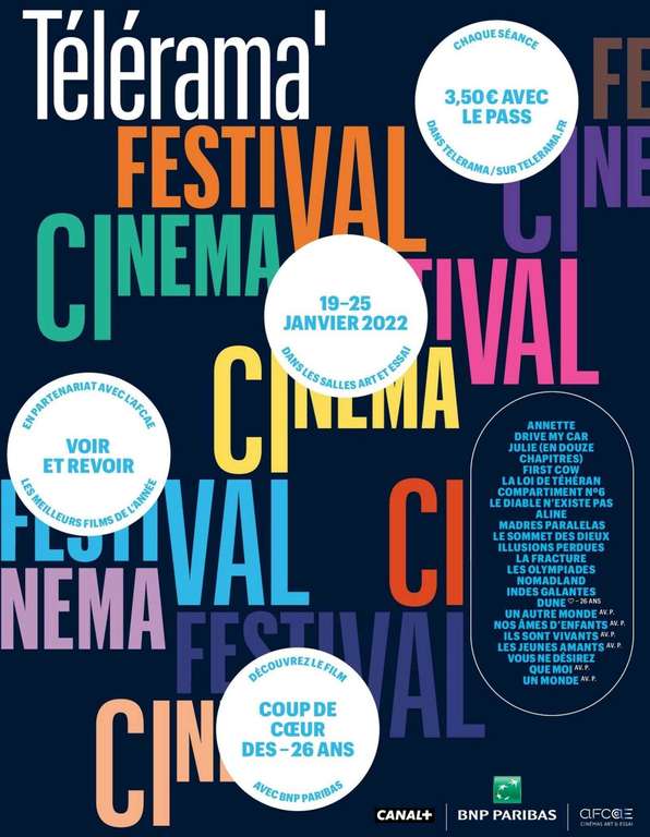 Billet de cinéma à 3.5€ parmi une sélection de films avec le Pass Télérama offert pour 2 personnes dans le magazine (du 19 au 25/01)