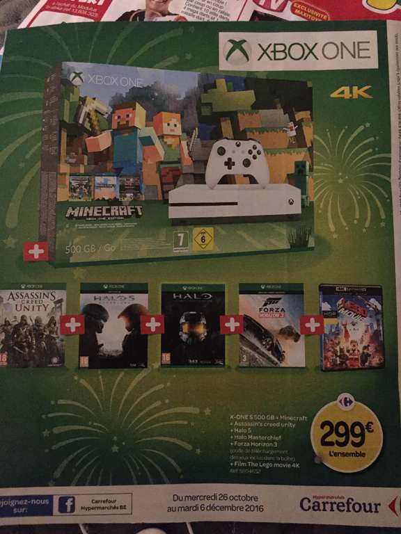 Pack Console Microsoft Xbox One S 500 Go + Minecraft (Édition Spécial) + Assassin's Creed Unity + Halo 5 + Halo Masterchief Collection + Forza Horizon 3 + Film The Lego Movie (4K)