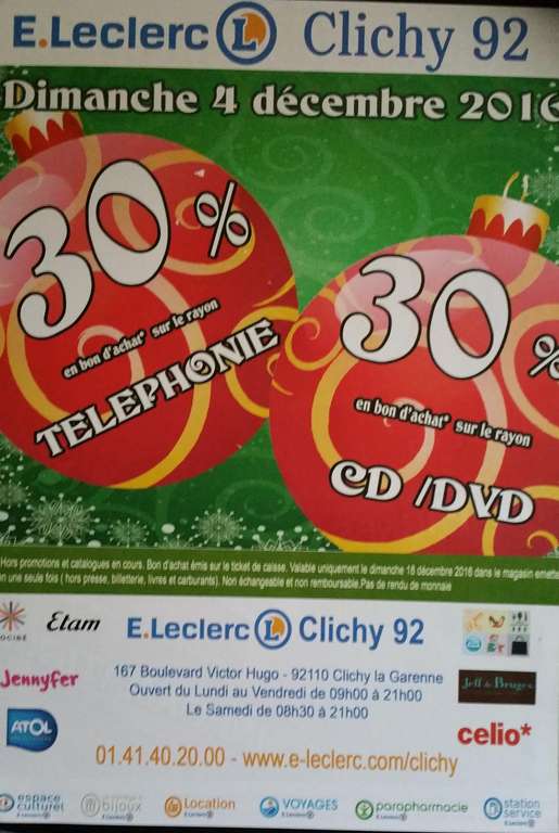 30% offerts en bon d'achat sur les rayons Téléphonie et CD/DVD