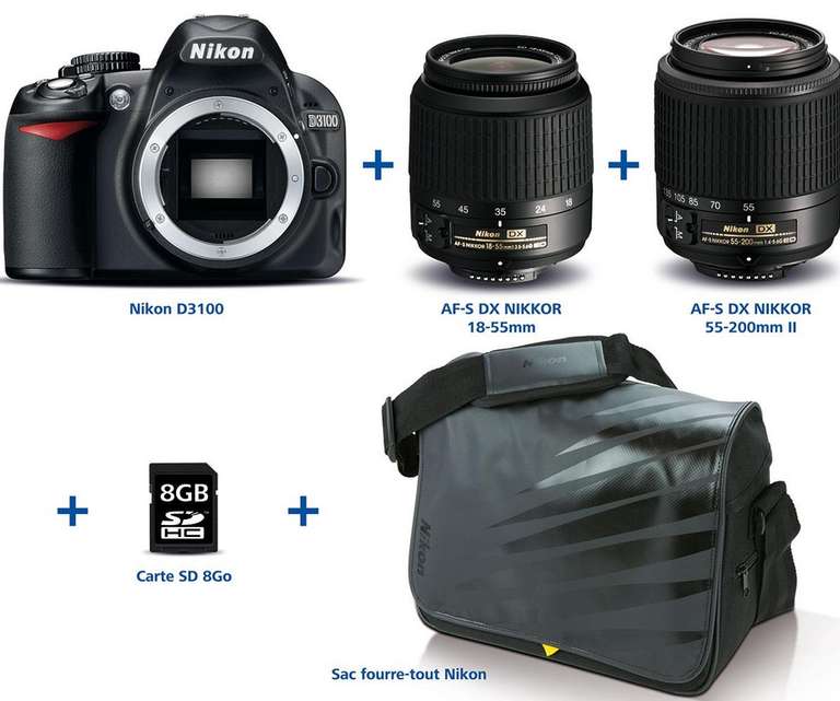 Pack Appareil photo Reflex Nikon D3100 + Objectifs DX 18-55mm + DX 55-200mm II + Sacoche + Carte SD 8Go