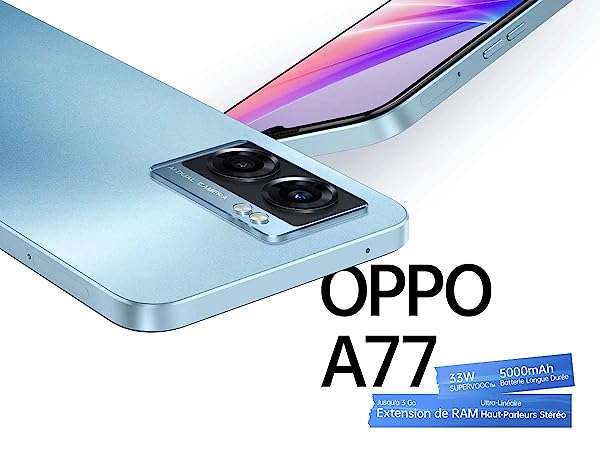 Smartphone 6.56" Oppo A77 5G - Dimensity 810, Ecran 90Hz, 6Go/128Go, Batterie 5000mAh, Charge Rapide 33W, Android 12