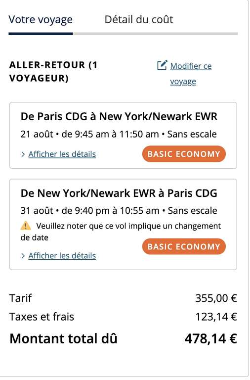 Vol A/R sans escale Paris (CDG) <-> New York (EWR) du 21 au 31 Août (united.com)
