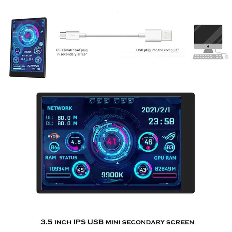 Écran de monitoring 3.5" pour PC / Raspberry Pi Geekcreit - données CPU / GPU / RAM / HDD ou SSD / réseau, LED IPS, via USB