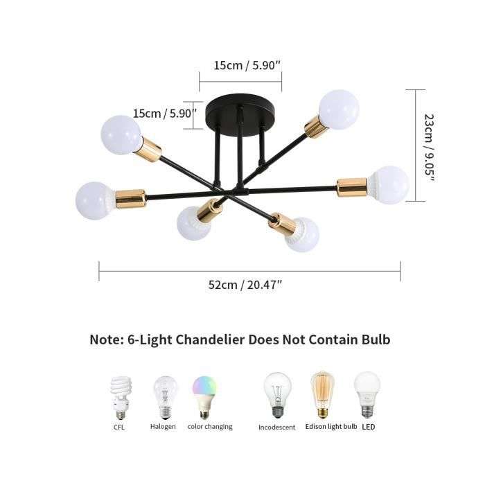 Plafonnier lustre LED - Bras de lumière réglable Métal - 6 Têtes doré E27 Base - Noir - 52*52*23cm (Vendeurs tiers)