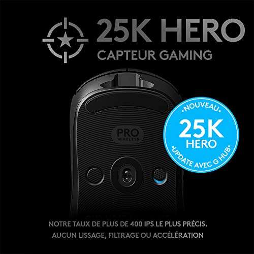 Souris gaming sans Fil Logitech G PRO - Capteur Gaming HERO 25K, 25 600 PPP, RVB (Amazon UK)