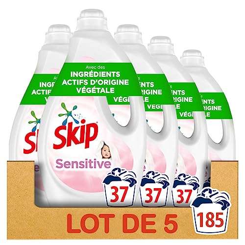 Lot de 5 Bidons de Lessive Liquide Sensitive SKIP - 185 Lavages (5x37) Spécial Bébés et Peaux Sensibles, Testé