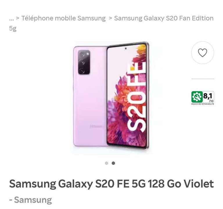 Smartphone 6.5" Samsung Galaxy S20 FE 5G - 6 Go de RAM, 128 Go, Violet, Version US (+10.43€ en Rakuten Points)