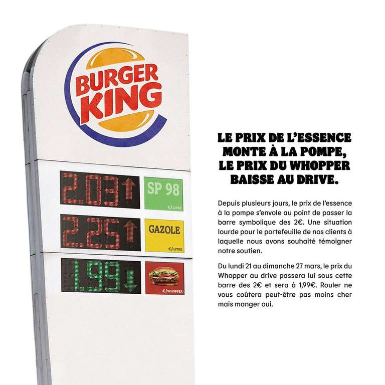 Burger Whopper à 1.99€ au drive