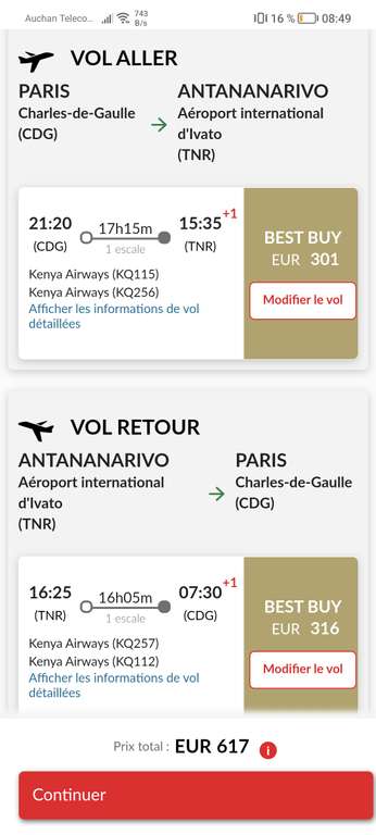 Vol Aller/Retour Paris (CDG) <-> Madagascar (TNR) avec 2 bagages en soute du 27 septembre au 10 octobre via la Compagnie Kenya Airways