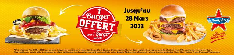 1 burger acheté = 1 burger offert (le moins cher des 2) via Présentation du coupon & Consommation sur Place (Restaurants Participants)