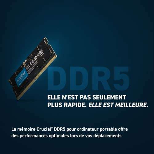 Mémoire RAM DDR5 Crucial - 16 Go, 4800 MHz, CL40, SODIMM (CT16G48C40S5)